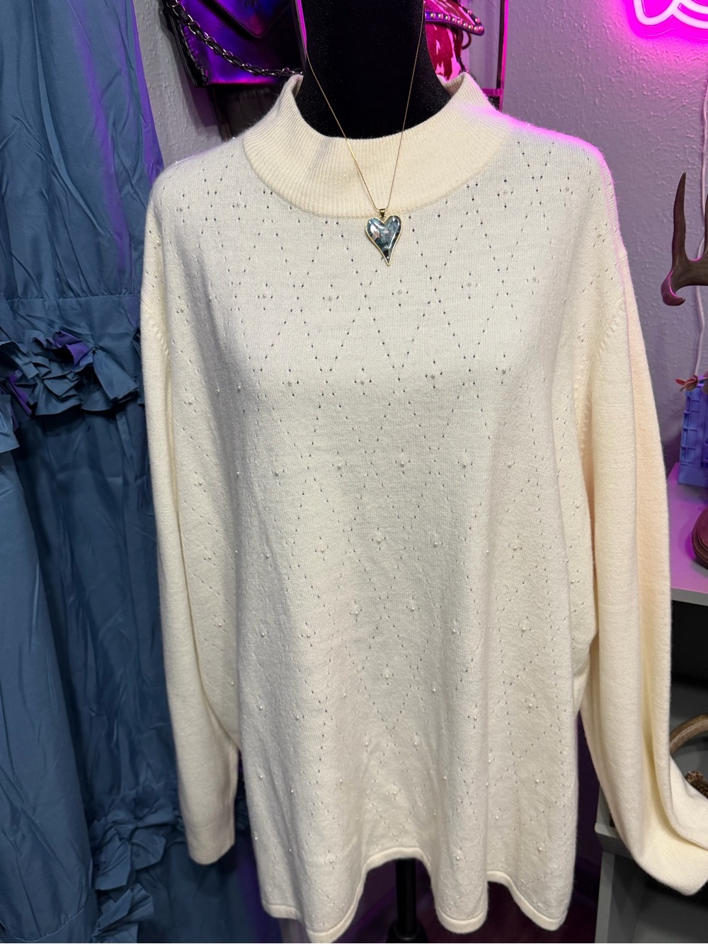 Vintage Koret 3X Ivory Pearl Beaded Mock Neck Back Zip Sweater Plus Size
